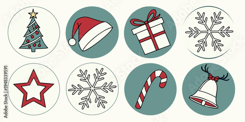 christmas icons including tree hat gift and candy Vector