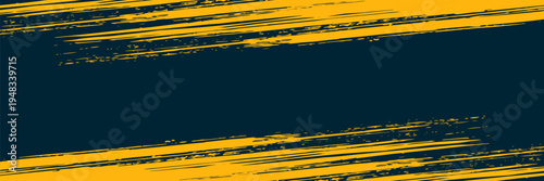 Abstract grunge brush stroke background with yellow paint on dark blue texture, distressed artistic banner with copy space for sports and music poster.