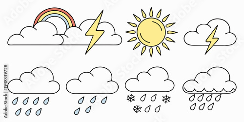a set of weather icons including sun, rainbow, lightning, and various cloud types Vector