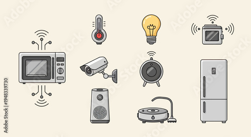 Array of illustrated smart home devices and appliances