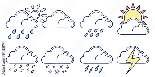 a set of weather icons including sun and various cloud types with rain and lightning Vector