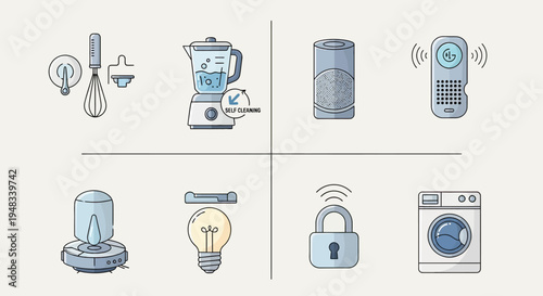 Icons of smart home devices blender, vacuum, lock, light, washer, speaker