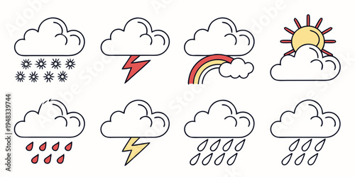 weather icons with clouds and various weather conditions Vector