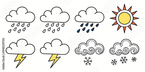 a set of weather icons including clouds rain sun and lightning Vector