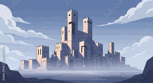A sprawling fortress complex with towers and battlements under a cloudy sky