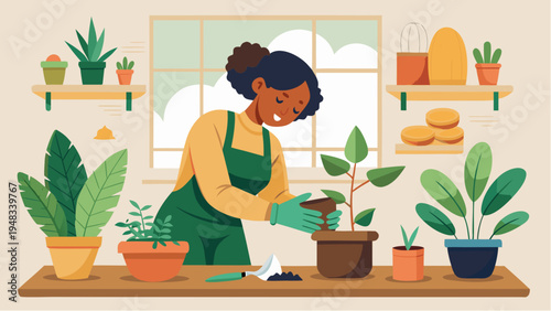 Woman gardening at home planting houseplant in pot surrounded by green indoor plants cozy hobby illustration