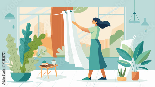 Woman opening curtains near large window in cozy living room with houseplants and city view morning light illustration