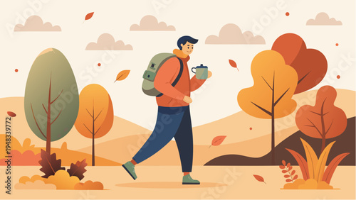 Man hiking in autumn park with backpack and hot drink walking among colorful fall trees illustration