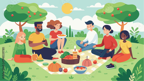 Group of friends having picnic in park sitting on blanket with food and fruits under sunny sky summer outdoor gathering illustration