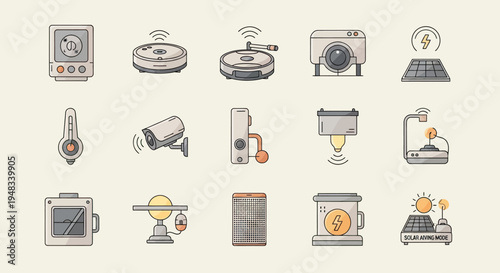 Icons of smart home devices, appliances, and energy solutions