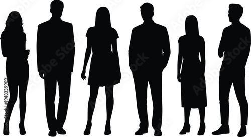 Six diverse black silhouettes of people standing in a row, showcasing varied clothing styles, postures, and stances, symbolizing diversity, anonymity, fashion, and human presence.