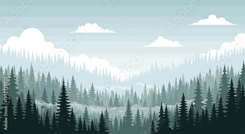 Misty evergreen forest receding into a pale blue sky with white clouds