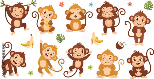 Cute Monkey Vector Illustration Set Featuring Playful Cartoon Jungle Monkeys with Bananas and Coconut in Funny Poses for Kids Wildlife Designs.