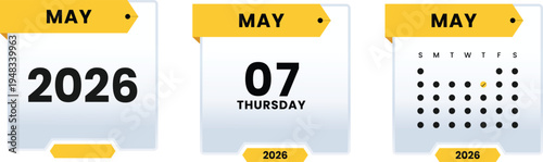 May 07 2026 Thursday Calendar Icon Set Highlighting Specific Weekday Date with Monthly Grid View and Yearly Planner Graphic Elements for Digital Scheduling and Events