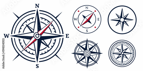 a set of five different compass rose navigation symbols Vector