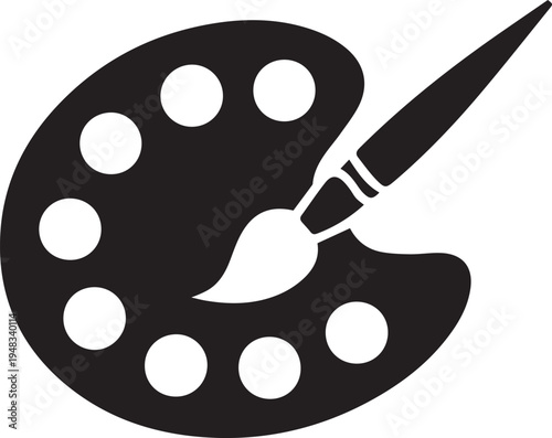 Artist's palette with brush and paint circles, symbol of art and creativity, isolated on white background.