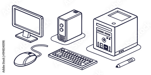 a computer system with monitor and keyboard Vector