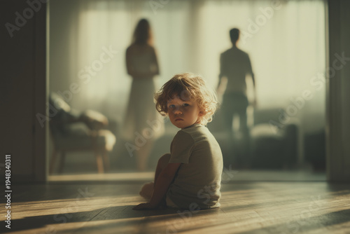 A sad child sits alone on the floor while his parents walk away in opposite directions, the concept of family divorce affecting children.