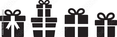 Collection of black and white gift boxes with bows and ribbons, various stacked and individual present designs