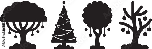 Decorative tree silhouettes with hanging ornaments and festive garlands including christmas tree and stylized nature shapes for holidays