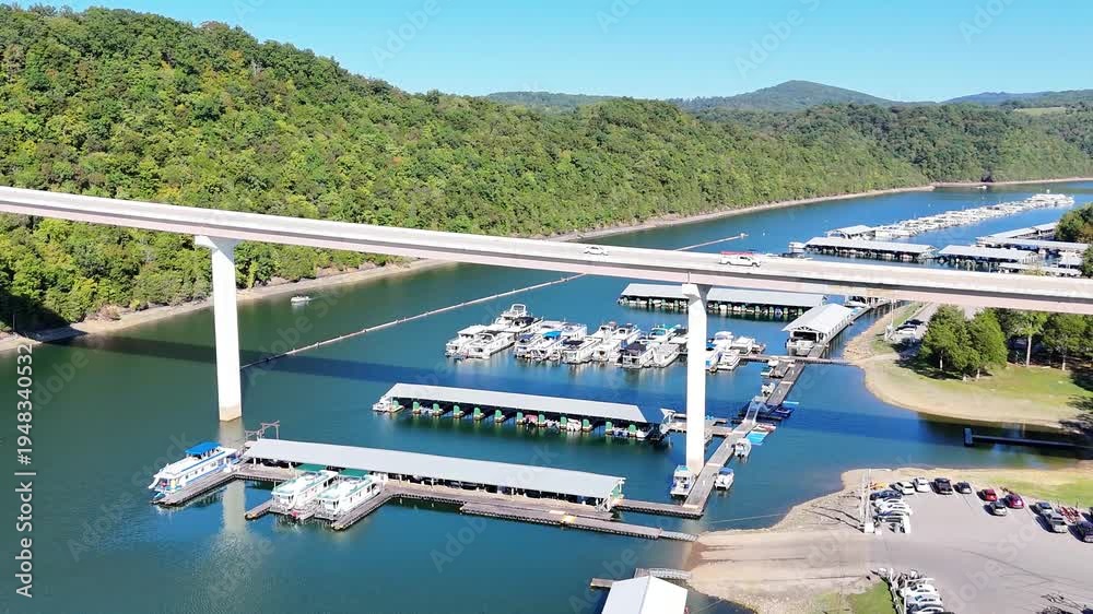 custom made wallpaper toronto digitalAerial View of the Lakeside Sunset Marina Resort on Dale Hollow Lake With Highway 111 Bridge, Boats and Forested Shoreline, Calm Water on a Sunny Day, Monroe, Tennessee, USA.