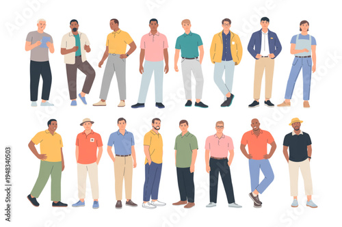Diverse group of fifteen men standing together, flat minimalist vector illustration, multiethnic male characters in casual clothing