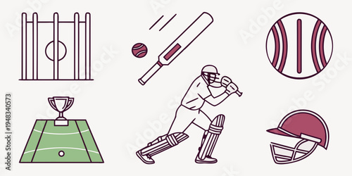 cricket icons including batsman and equipment Vector