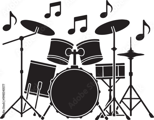Drum kit with musical notes, symbol of rhythm and music, isolated on white background, rock and roll icon.