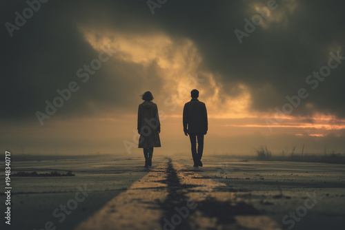 Sad couple walks away after breakup.