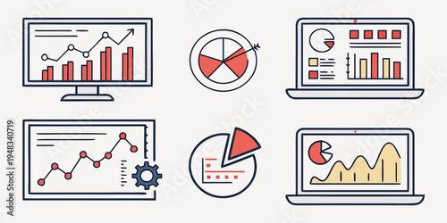 a collection of business charts and graphs on screens Vector
