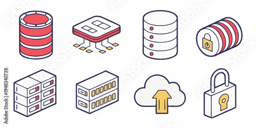 a collection of icons representing data storage and security Vector