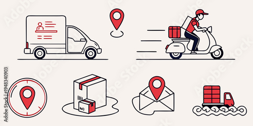 delivery icons with truck scooter package and map Vector