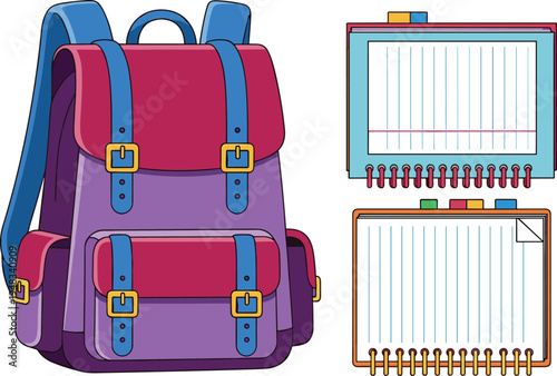 School backpack with spiral notebooks vector illustration, colorful student bag and stationery set, education supplies concept, back to school design