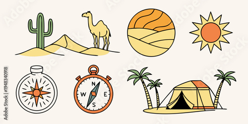 desert travel icons with a compass and tent Vector