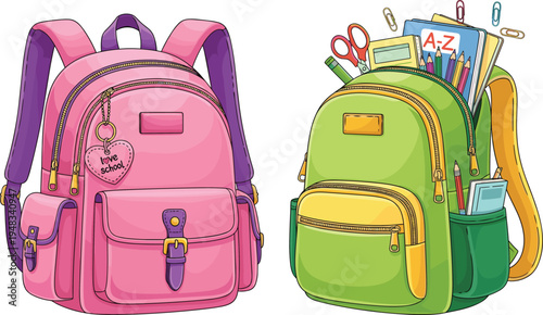 school backpacks set, colorful student bags with stationery supplies, pink and green backpack illustration, education equipment vector, back to school concept