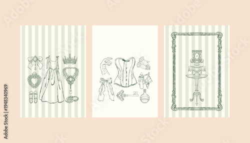 A set of postcard templates featuring vintage womens wedding accessories. A collection of invitations and posters in the Rococo and Baroque styles. Historical womens costume and interior. Vector
