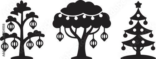 Stylized trees and christmas tree decorated with festive lights and ornaments, black and white holiday season icons