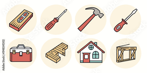 a set of colorful icons depicting various tools and a house Vector