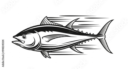 Dynamic Tuna Illustration - A Detailed Black and White Depiction of Speed and Power.