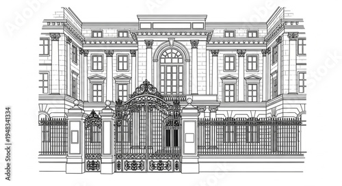 Detailed architectural drawing of a grand building facade with ornate gates.