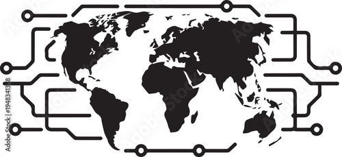 World map silhouette with digital circuit board lines representing global connectivity communication technology and internet network systems