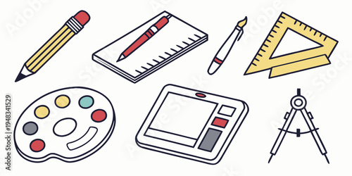 a collection of school supplies and art tools Vector