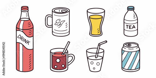 assorted drinks and glasses on a white surface Vector