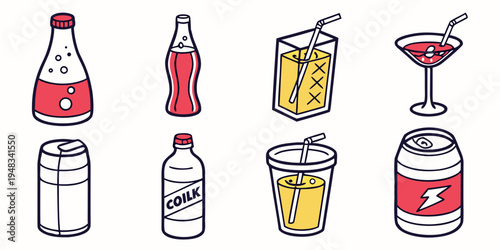 assorted drinks and beverages on a white background Vector