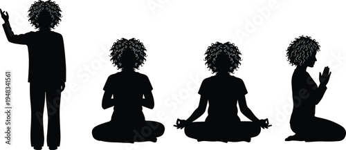 woman meditation silhouettes set, yoga and mindfulness poses collection, spiritual relaxation practice, calm female figure vector illustration isolated on white