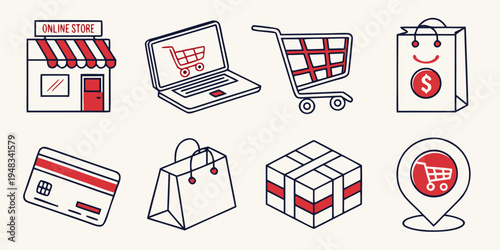 Ecommerce icons including store, laptop, cart, package, and payment symbols Vector