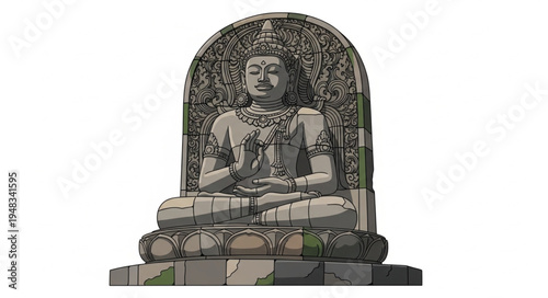Stone Buddha Statue in Meditative Pose with Ornate Backdrop.