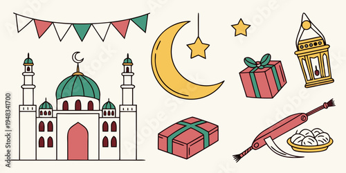 eid al fitr decorations and mosque with crescent moon Vector