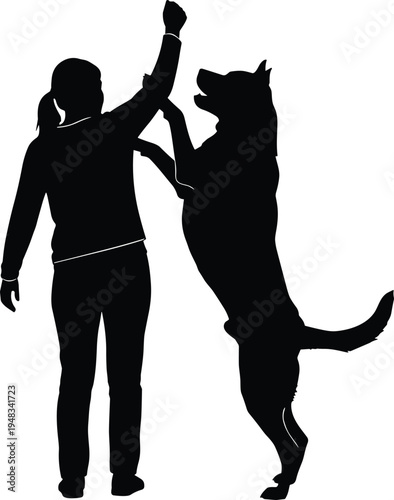 Woman training dog silhouette isolated on white background, obedient pet behavior concept, female owner teaching jumping canine vector illustration