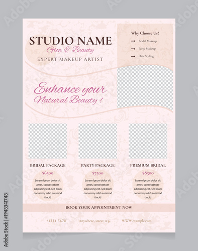Beauty Salon Makeup Artist Flyer Template with Bridal and Party Makeup Packages